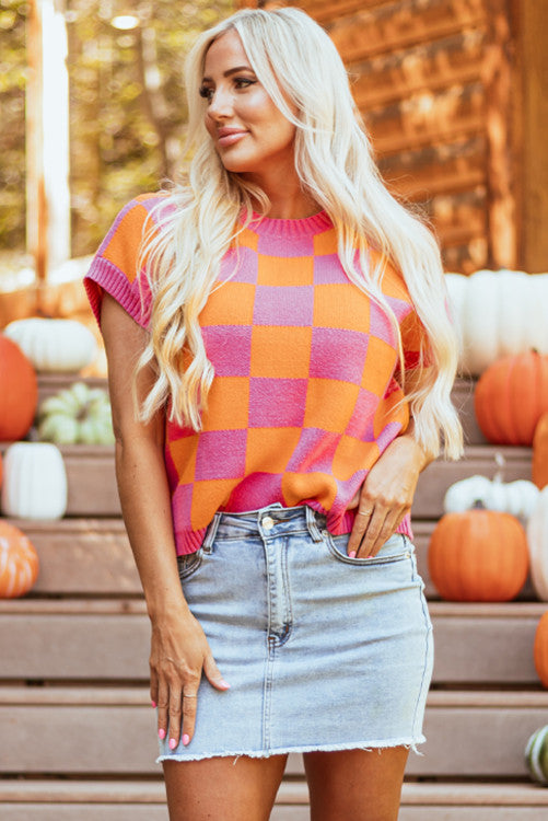 Pink orange check sweater