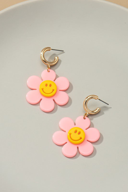 Huggie hoop dangling flower smiley face earrings