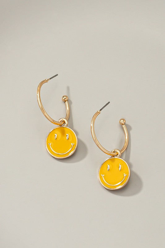 Smiley face charm hoop earrings