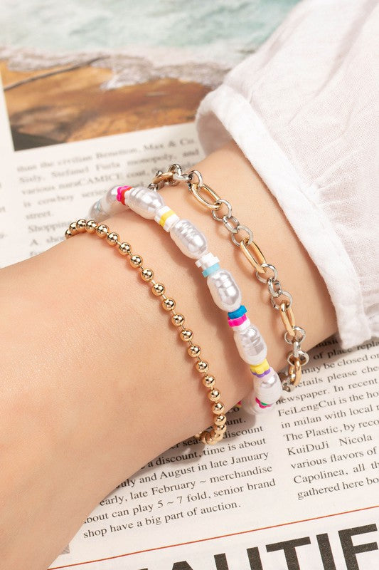 Pearl and chain multi color bracelets set