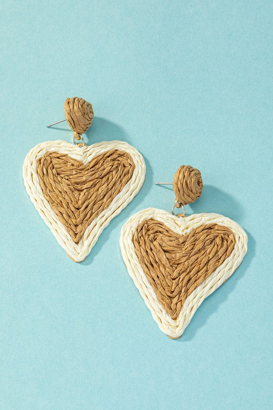 Raffia straw two tone heart drop earrings