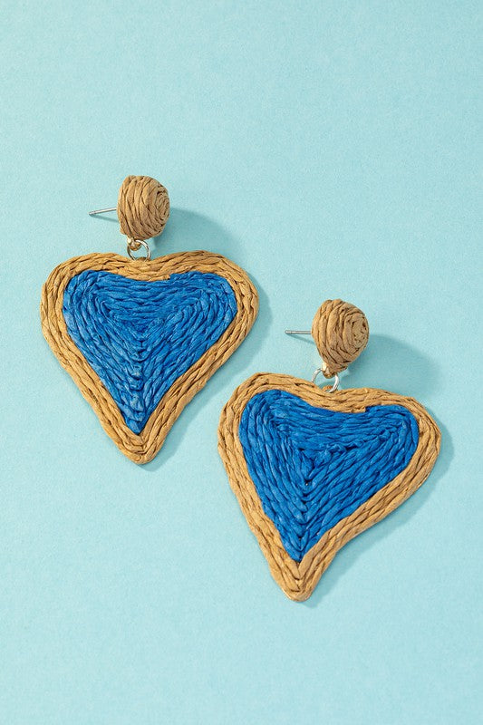 Raffia straw two tone heart drop earrings