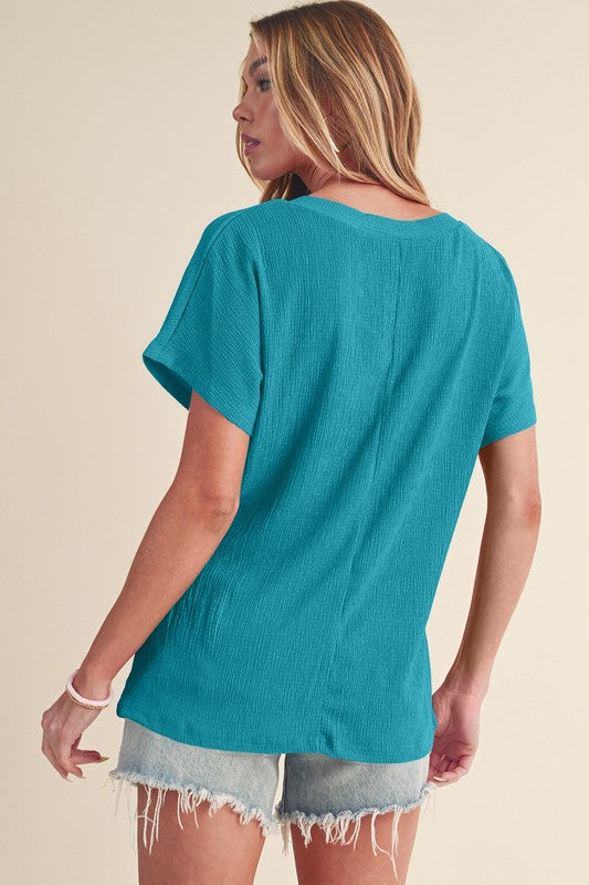 Sapphire Crinkled V Neck Wide Sleeve T-shirt