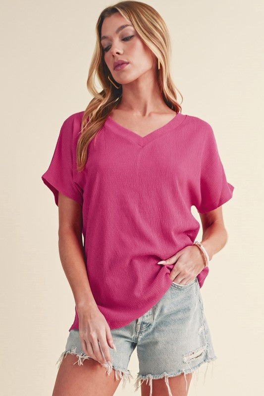 Sapphire Crinkled V Neck Wide Sleeve T-shirt