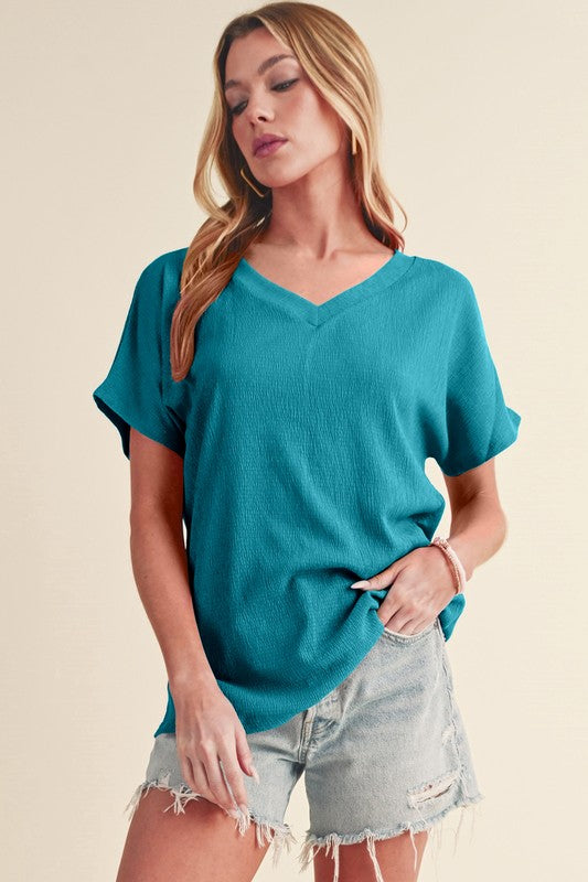 Sapphire Crinkled V Neck Wide Sleeve T-shirt