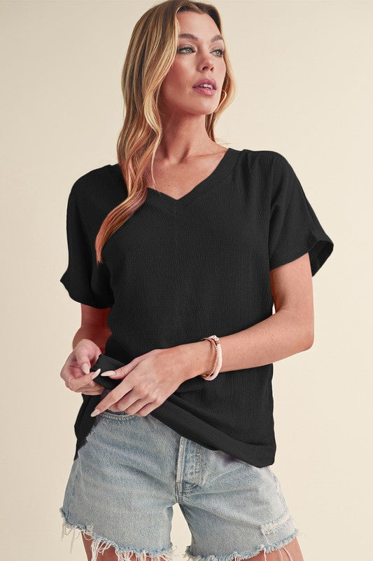 Sapphire Crinkled V Neck Wide Sleeve T-shirt