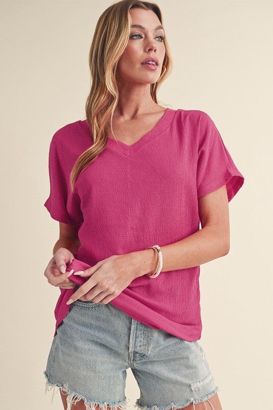 Sapphire Crinkled V Neck Wide Sleeve T-shirt