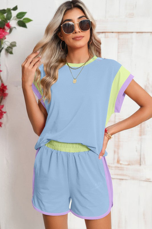 Contrast Trim Cap Sleeve Tee Shorts Set