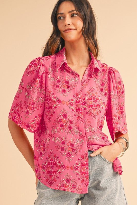 Floral Print Wide Short Sleeve Loose Shirt