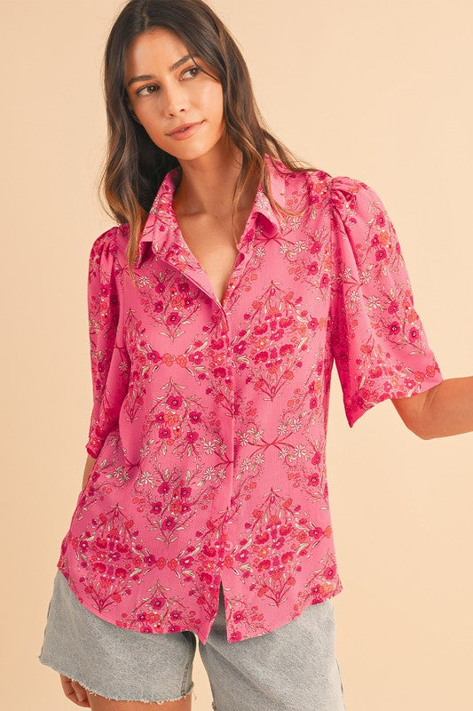 Floral Print Wide Short Sleeve Loose Shirt