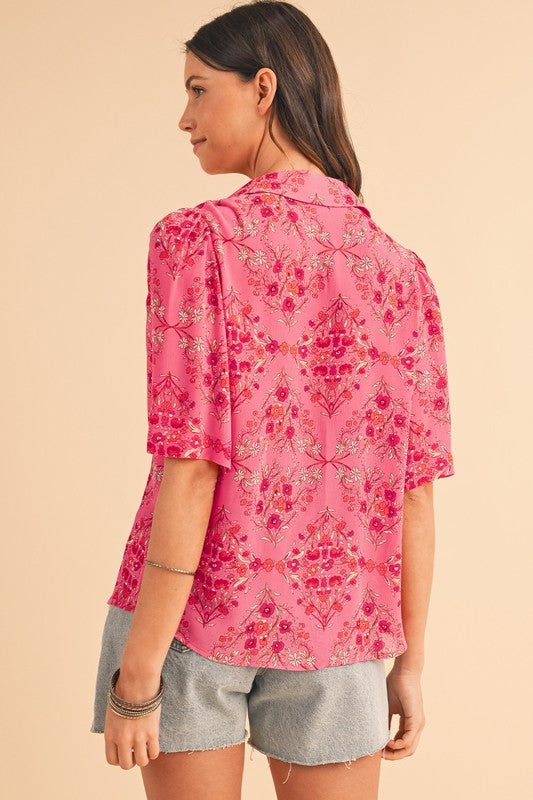 Floral Print Wide Short Sleeve Loose Shirt