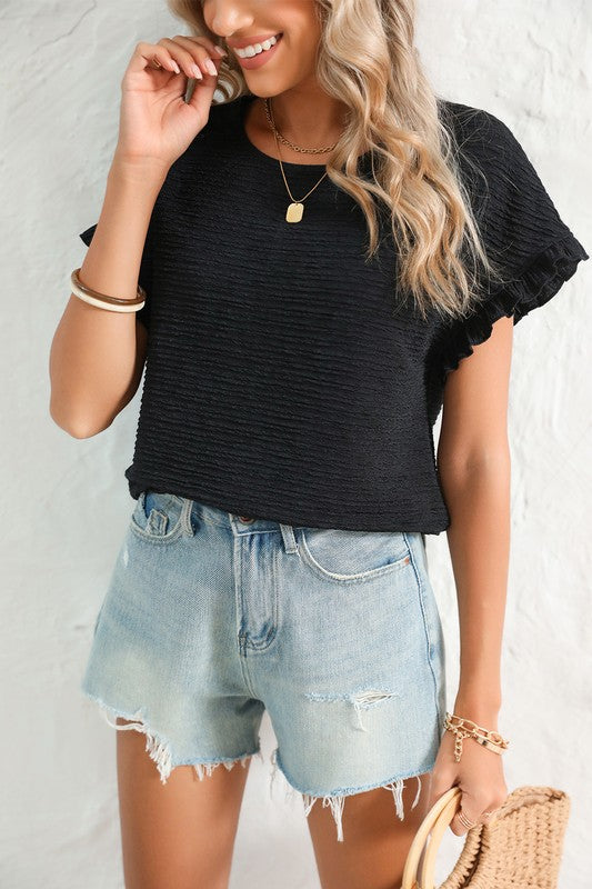 Solid Textured Ruffled Short Sleeve Blouse