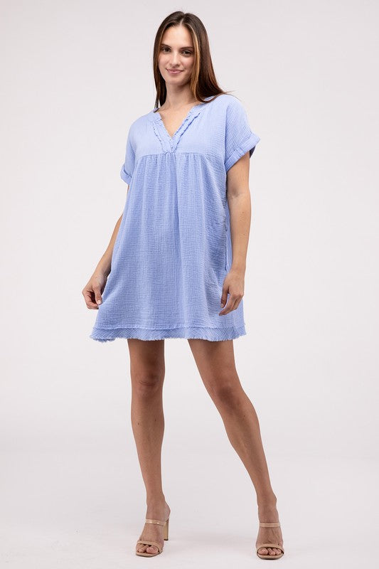 Gauze Rolled Short Sleeve Raw Edge V-Neck Dress