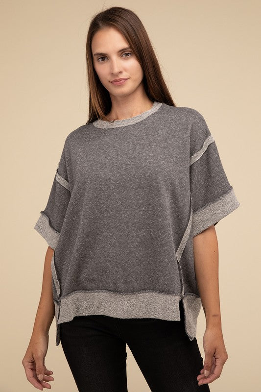 Contrast Trim Top Stitching Drop Shoulder Top