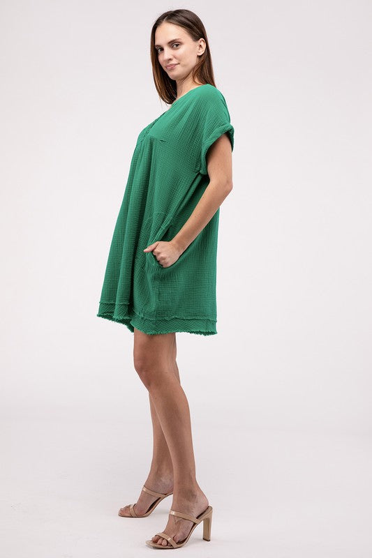 Gauze Rolled Short Sleeve Raw Edge V-Neck Dress