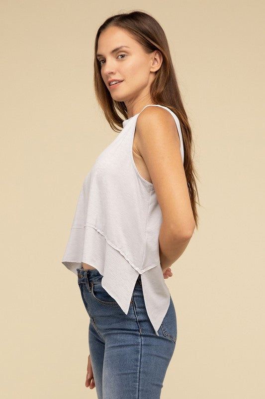 Shark Bite Side Slit Short Sleeveless Top